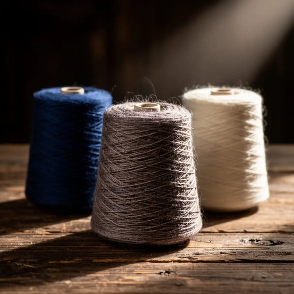 Три бобины кашемира: синий, шоколадный, бежевый.