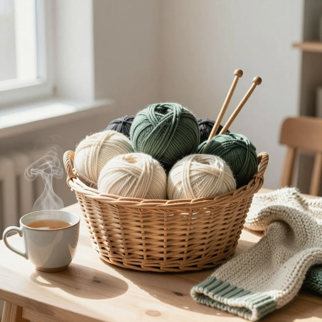 Меринос бежевый и тёмно-зелёные мотки готовые к тому, чтобы стать тёплыми свитерами и шарфами.